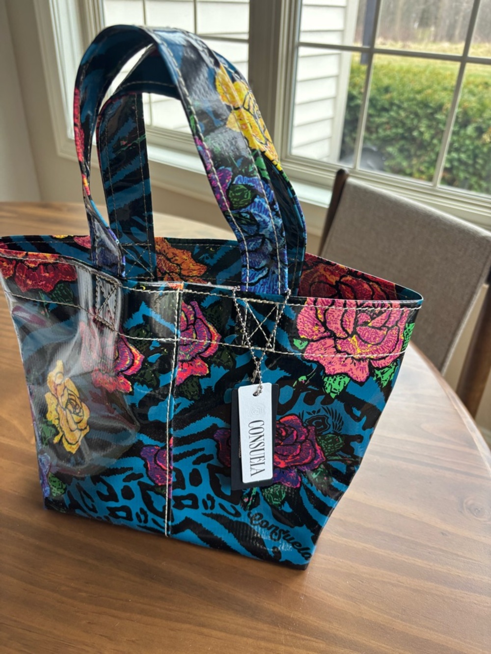Consuela Teal Floral Mini Tote with Multicolor Roses